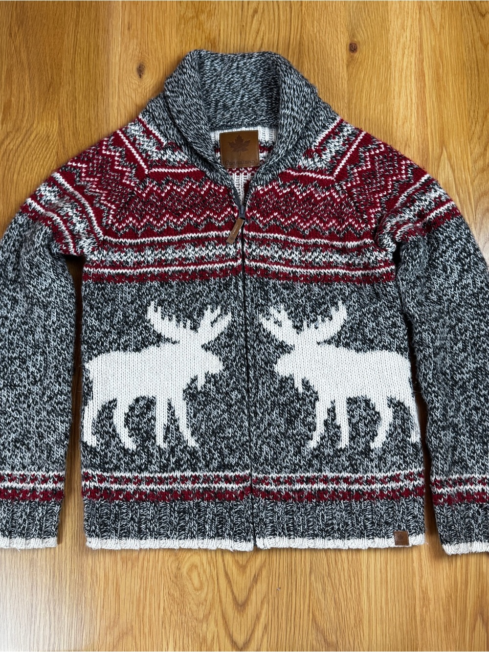 Canadiana Cowichan kids Large Cardigan Sweater - Gray & Red Moose Full zip